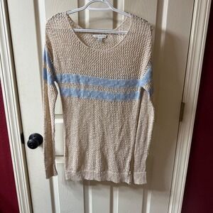 American Eagle Outfitters Knit Sweater Beige Blue Stripe Mesh Lightweight M